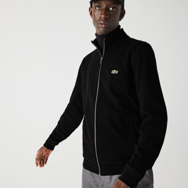 Lacoste Zippered Stand-Up Collar Piqué Fleece Jacket Pánské - Bunda Černé | CZ-qtbLTj